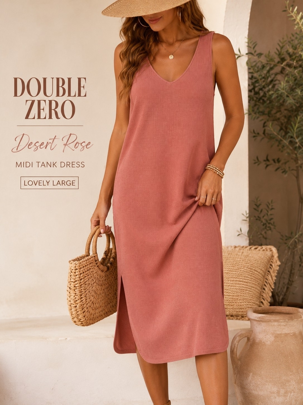Double Zero Desert Rose Knit Midi Tank Dress Sz L Sleeveless Side Slit Casual